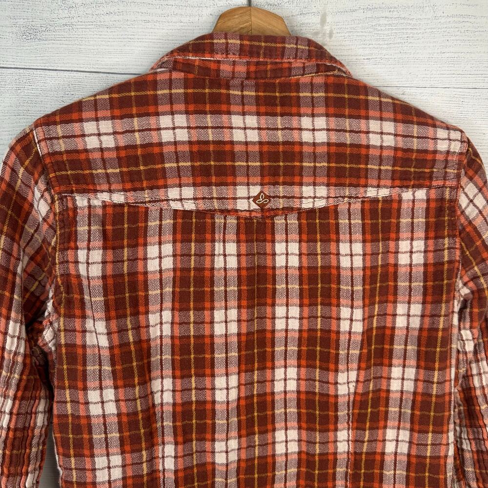 prAna Women size M Orange Brown Plaid Flannel Shirt Outdoor Hiking Cabincore - Picture 5 of 8